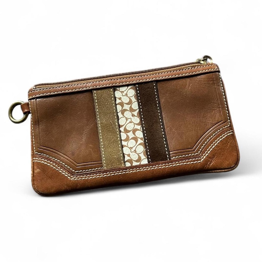 vintage Coach leather and suede wristlet with a monogram canvas stripe.